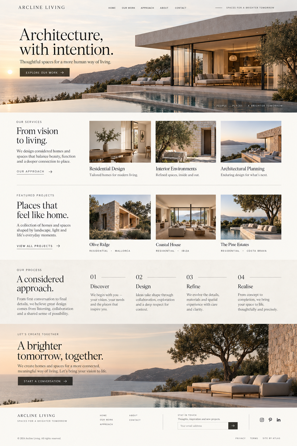 Full Arcline Living landing page design, from navigation and hero to the footer