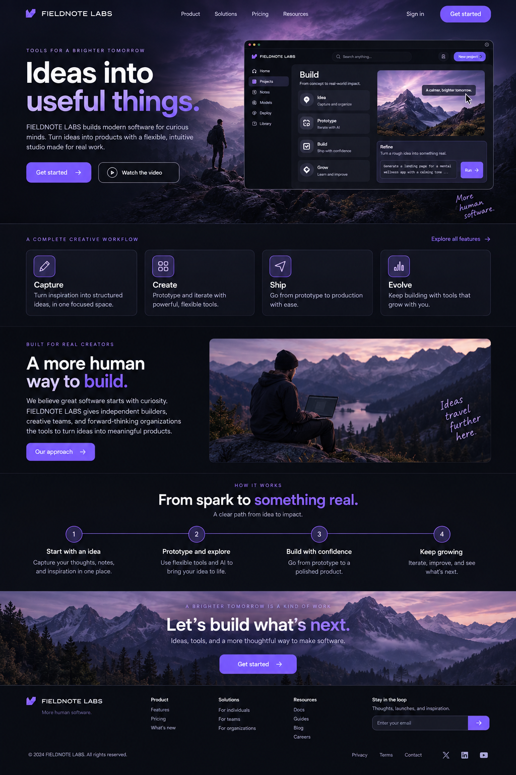 Full Fieldnote Labs landing page design, from navigation and hero to the footer