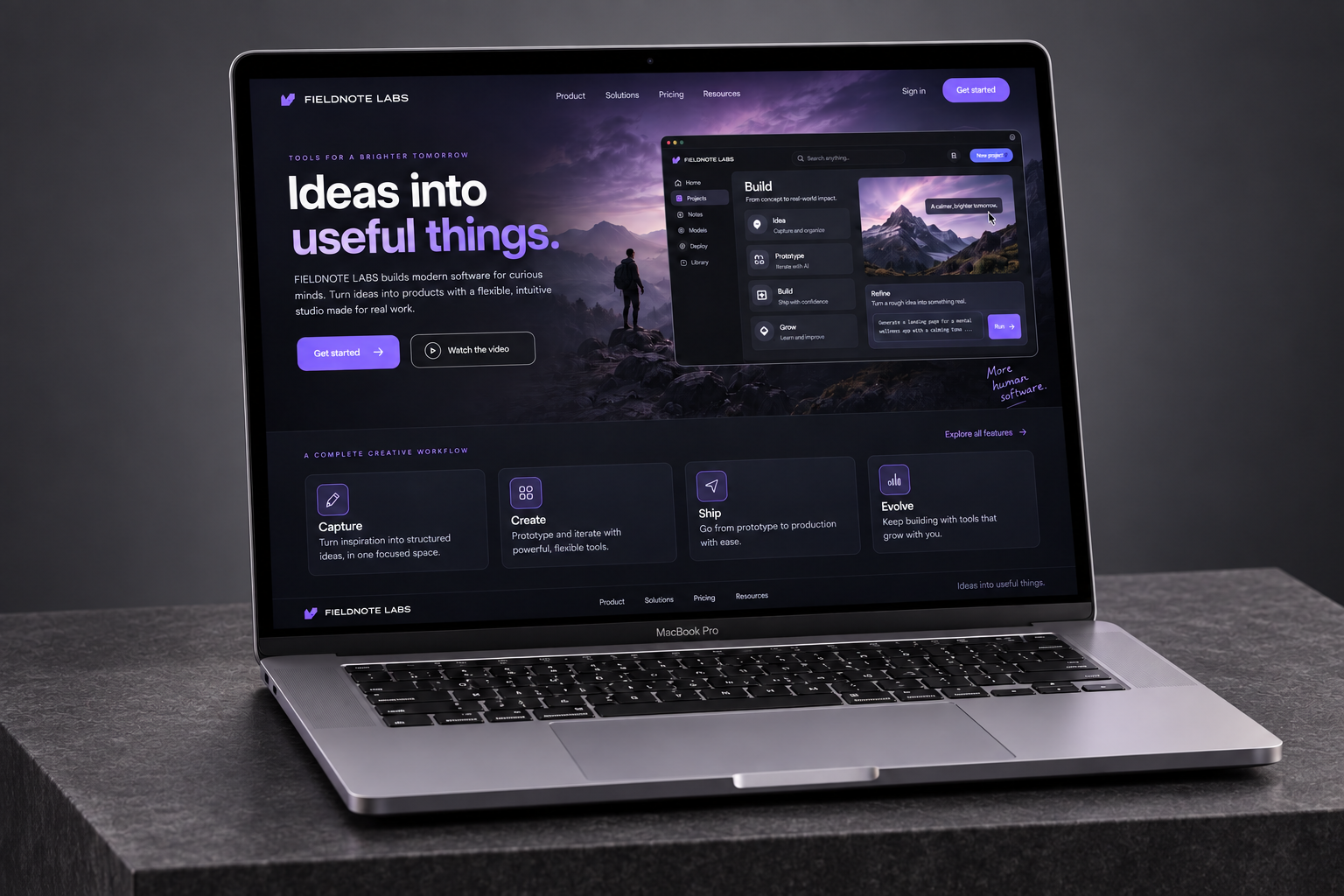 Fieldnote Labs landing page displayed on a MacBook on a minimal charcoal studio pedestal