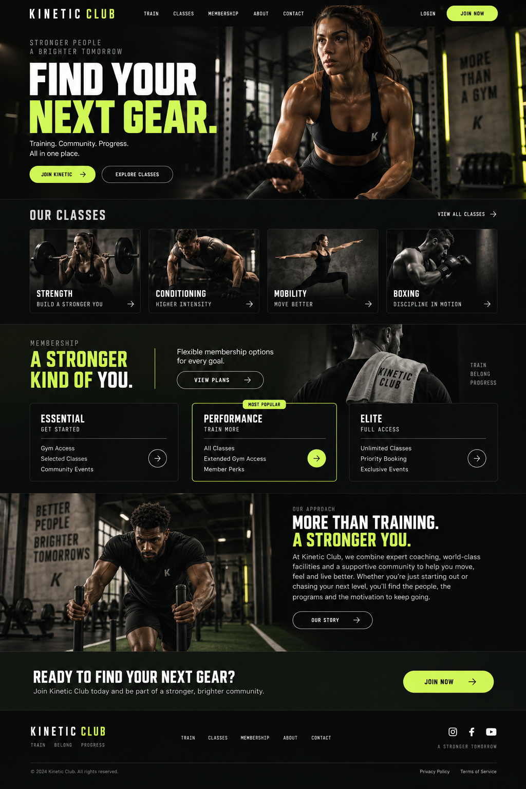Full Kinetic Club landing page design, from navigation and hero to the footer