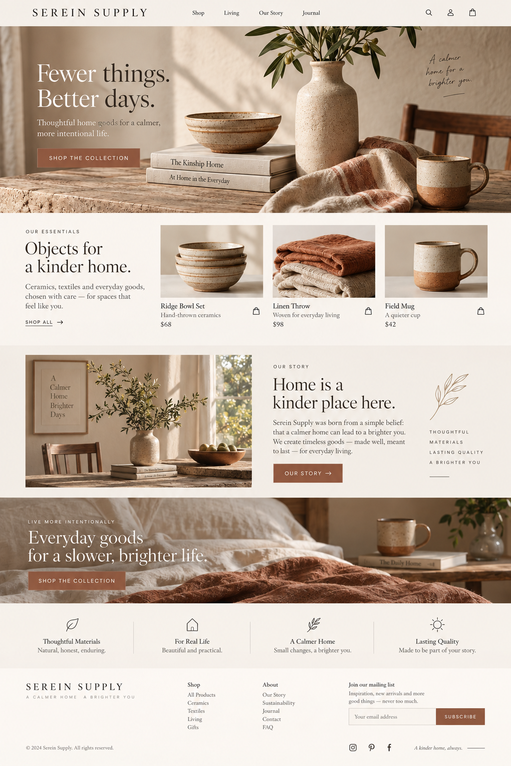 Full Serein Supply landing page design, from navigation and hero to the footer
