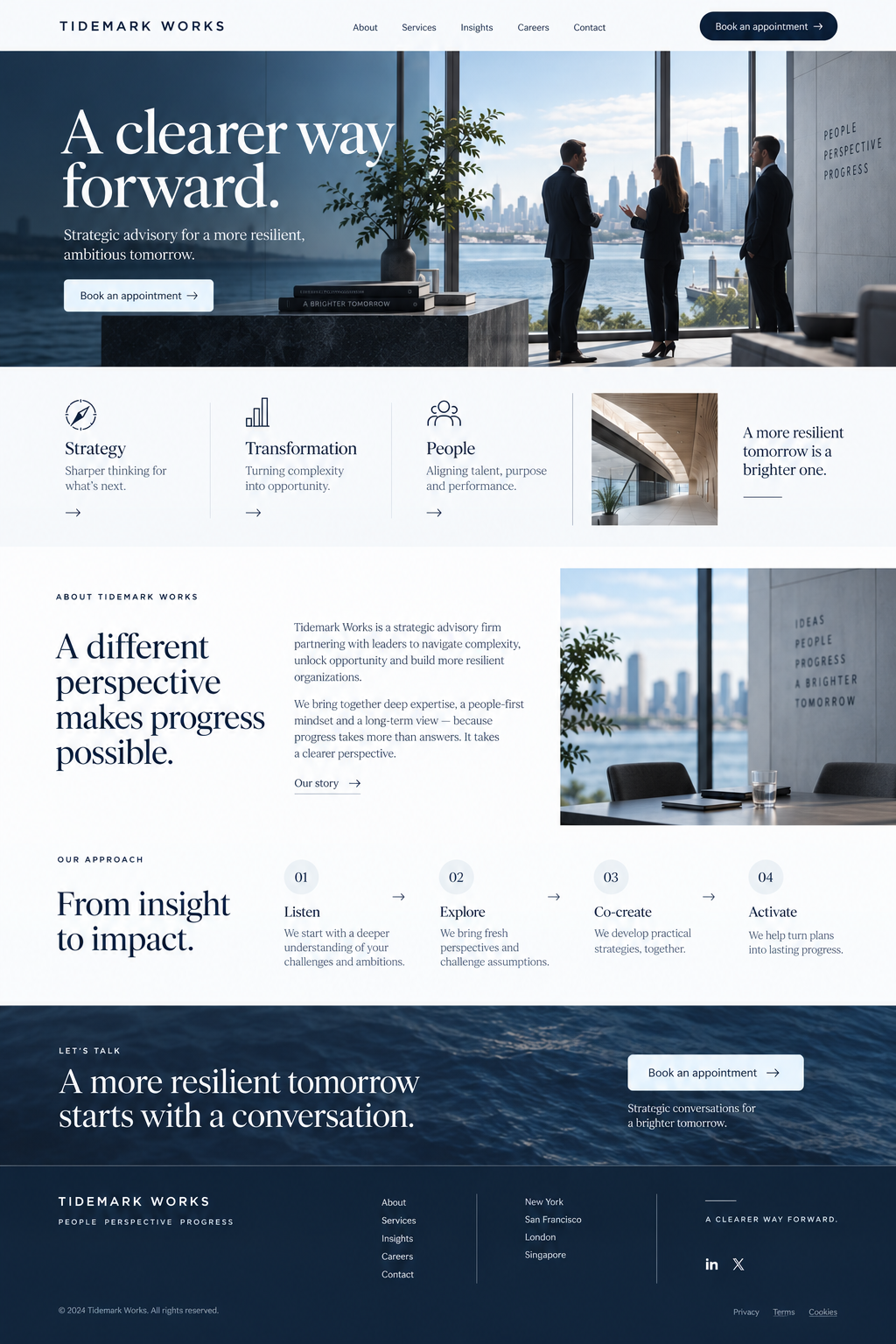 Full Tidemark Works landing page design, from navigation and hero to the footer